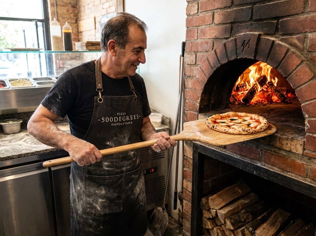 Finished pizza with charred crust.